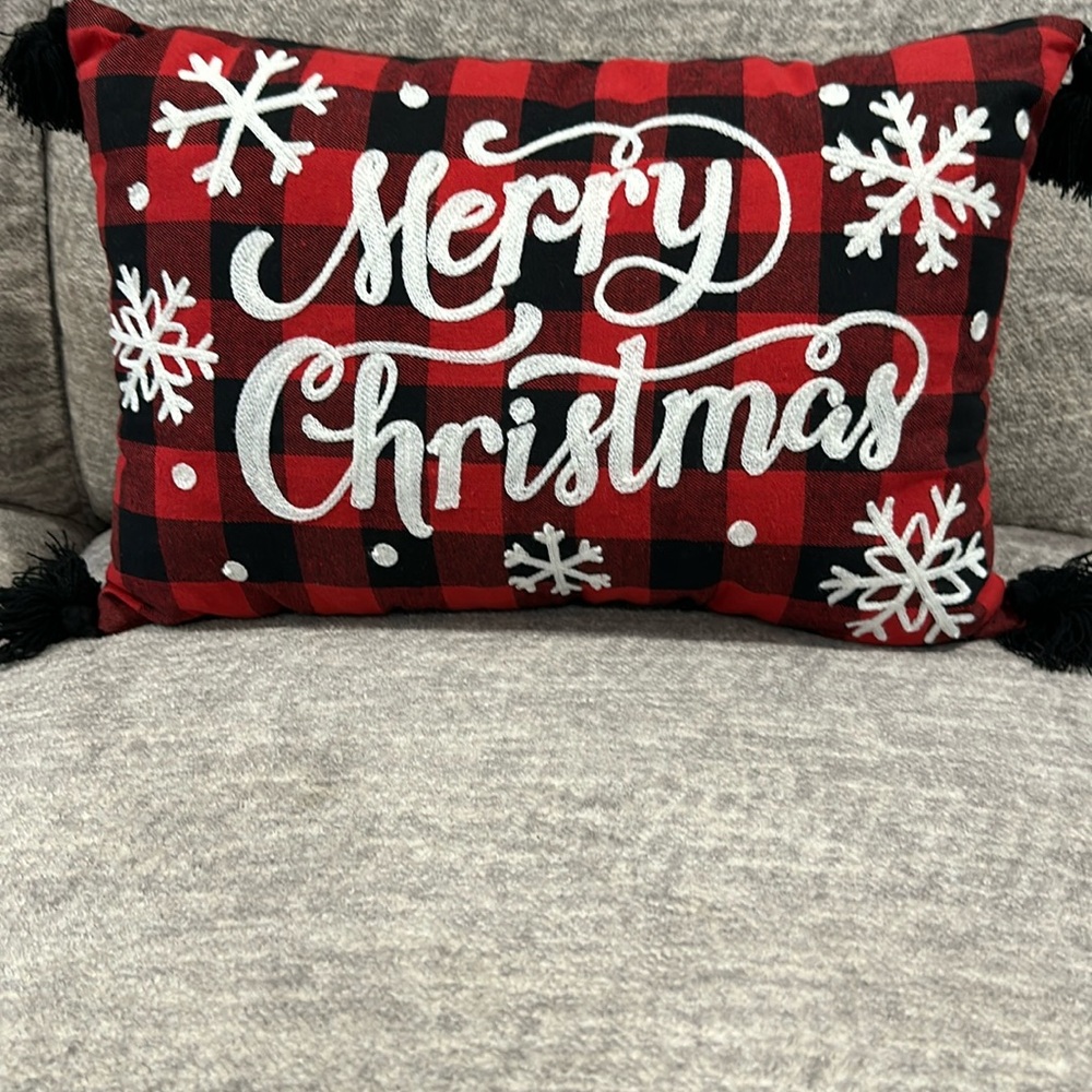 Merry Christmas Embroidered Holiday Themed Buffalo Plaid Throw Pillow.